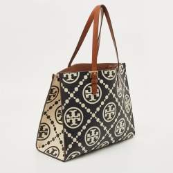 Tory Burch Black/Off White Monogram T Embossed Leather Contrast Tote