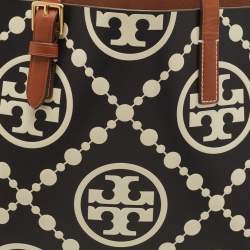 Tory Burch Black/Off White Monogram T Embossed Leather Contrast Tote