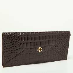 Tory Burch Brown Croc Embossed Envelope Clutch