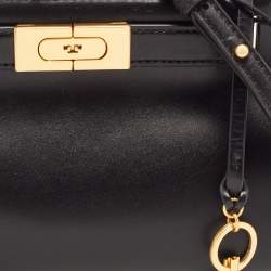 Pre Owned Tory Burch Black Leather Petite Lee Radziwill Top Handle Bag