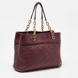 Tory Burch Burgundy Quilted Leather Fleming Satchel