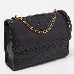 Pre Owned Tory Burch Black Leather Large Fleming Shoulder Bag