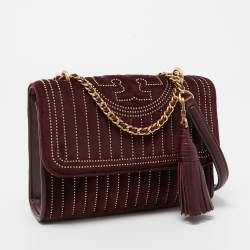 Pre Owned Tory Burch Burgundy Velvet Studded Fleming Shoulder Bag