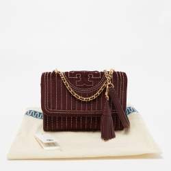 Pre Owned Tory Burch Burgundy Velvet Studded Fleming Shoulder Bag