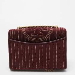 Pre Owned Tory Burch Burgundy Velvet Studded Fleming Shoulder Bag