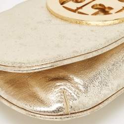 Pre Owned Tory Burch Gold Laminated Leather Reva Logo Crossbody Bag