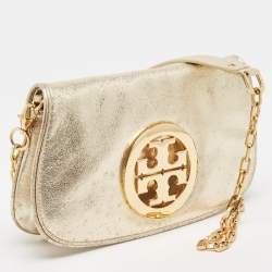 Pre Owned Tory Burch Gold Laminated Leather Reva Logo Crossbody Bag