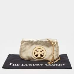 Pre Owned Tory Burch Gold Laminated Leather Reva Logo Crossbody Bag