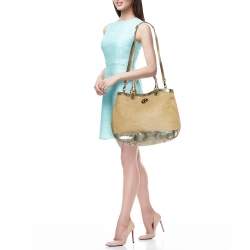 Pre Owned Tory Burch Beige/Gold Raffia and Leather Satchel