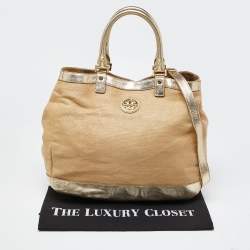 Pre Owned Tory Burch Beige/Gold Raffia and Leather Satchel