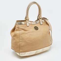 Pre Owned Tory Burch Beige/Gold Raffia and Leather Satchel