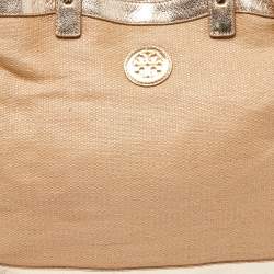 Pre Owned Tory Burch Beige/Gold Raffia and Leather Satchel