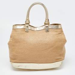 Pre Owned Tory Burch Beige/Gold Raffia and Leather Satchel