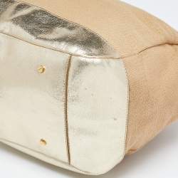 Pre Owned Tory Burch Beige/Gold Raffia and Leather Satchel