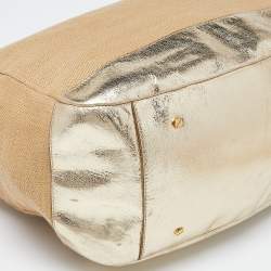 Pre Owned Tory Burch Beige/Gold Raffia and Leather Satchel