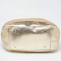 Pre Owned Tory Burch Beige/Gold Raffia and Leather Satchel