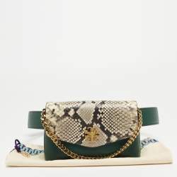 Pre Owned Tory Burch Green/Off-White Python Print Leather And Leather Kira Belt Bag