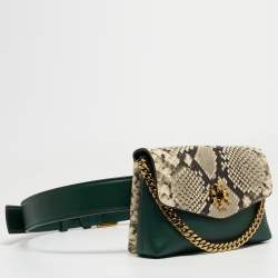 Pre Owned Tory Burch Green/Off-White Python Print Leather And Leather Kira Belt Bag