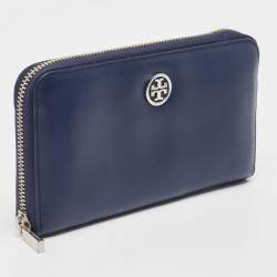 Pre Owned Tory Burch Blue Leather Robinson Zip Around Wallet