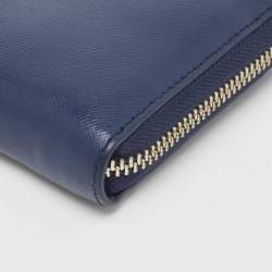 Pre Owned Tory Burch Blue Leather Robinson Zip Around Wallet