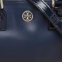 Pre Owned Tory Burch Blue Patent And Leather Robinson Middy Satchel