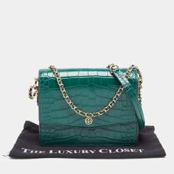 Pre Owned Tory Burch Green Croc Embossed Leather Emerson Crossbody Bag