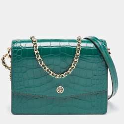 Pre Owned Tory Burch Green Croc Embossed Leather Emerson Crossbody Bag