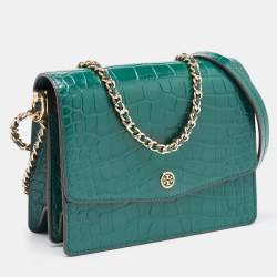 Pre Owned Tory Burch Green Croc Embossed Leather Emerson Crossbody Bag