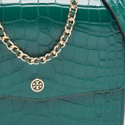 Pre Owned Tory Burch Green Croc Embossed Leather Emerson Crossbody Bag