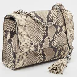 Pre Owned Tory Burch Black/Grey Python Embossed Leather Fringe Crossbody Bag