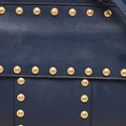 Pre Owned Tory Burch Navy Blue Leather Block-T Studded Top Handle Bag