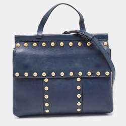 Pre Owned Tory Burch Navy Blue Leather Block-T Studded Top Handle Bag