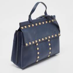 Pre Owned Tory Burch Navy Blue Leather Block-T Studded Top Handle Bag