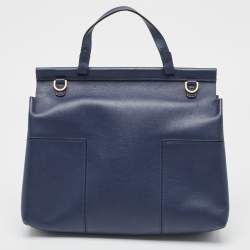 Pre Owned Tory Burch Navy Blue Leather Block-T Studded Top Handle Bag