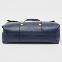 Pre Owned Tory Burch Navy Blue Leather Block-T Studded Top Handle Bag