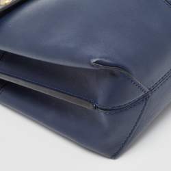 Pre Owned Tory Burch Navy Blue Leather Block-T Studded Top Handle Bag