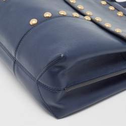 Pre Owned Tory Burch Navy Blue Leather Block-T Studded Top Handle Bag