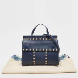 Pre Owned Tory Burch Navy Blue Leather Block-T Studded Top Handle Bag
