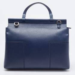 Pre Owned Tory Burch Navy Blue Leather Block T Top Handle Bag