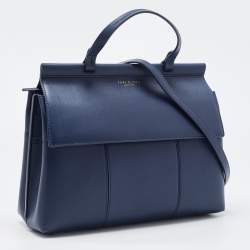 Pre Owned Tory Burch Navy Blue Leather Block T Top Handle Bag