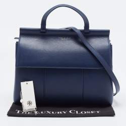 Pre Owned Tory Burch Navy Blue Leather Block T Top Handle Bag
