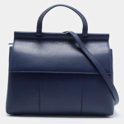 Pre Owned Tory Burch Navy Blue Leather Block T Top Handle Bag