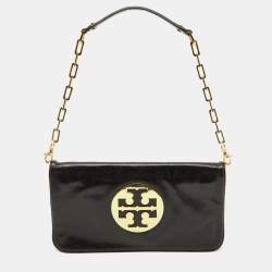 Pre Owned Tory Burch Black Leather Reva Logo Shoulder Bag