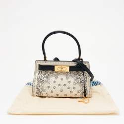 Pre Owned Tory Burch Off White/Black Leather Petite Lee Radziwill Top Handle Bag