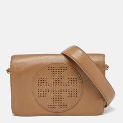 Pre Owned Tory Burch Brown Perforated Logo Leather Flap Crossbody Bag