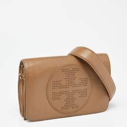 Pre Owned Tory Burch Brown Perforated Logo Leather Flap Crossbody Bag