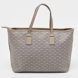 Pre Owned Tory Burch Grey Coated Canvas and Leather Gemini Link Zip Tote