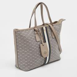 Pre Owned Tory Burch Grey Coated Canvas and Leather Gemini Link Zip Tote