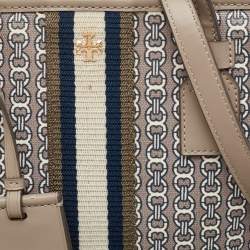 Pre Owned Tory Burch Grey Coated Canvas and Leather Gemini Link Zip Tote