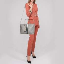 Pre Owned Tory Burch Grey Coated Canvas and Leather Gemini Link Zip Tote